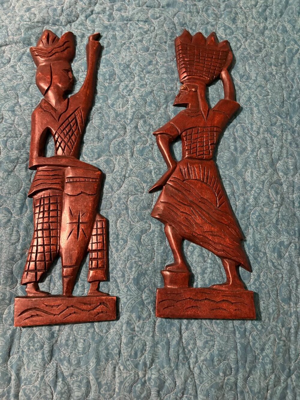 Vintage Hand Carved African Wooden Wall Art Fisherman Couple Figurines